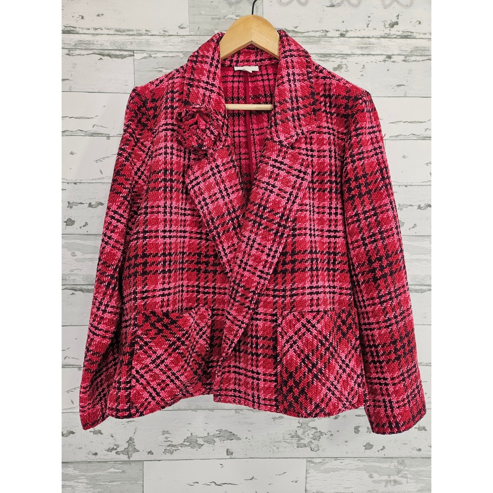 J Jill Pink Black Plaid Tweed Blazer Jacket Floral Rosette Women Medium M